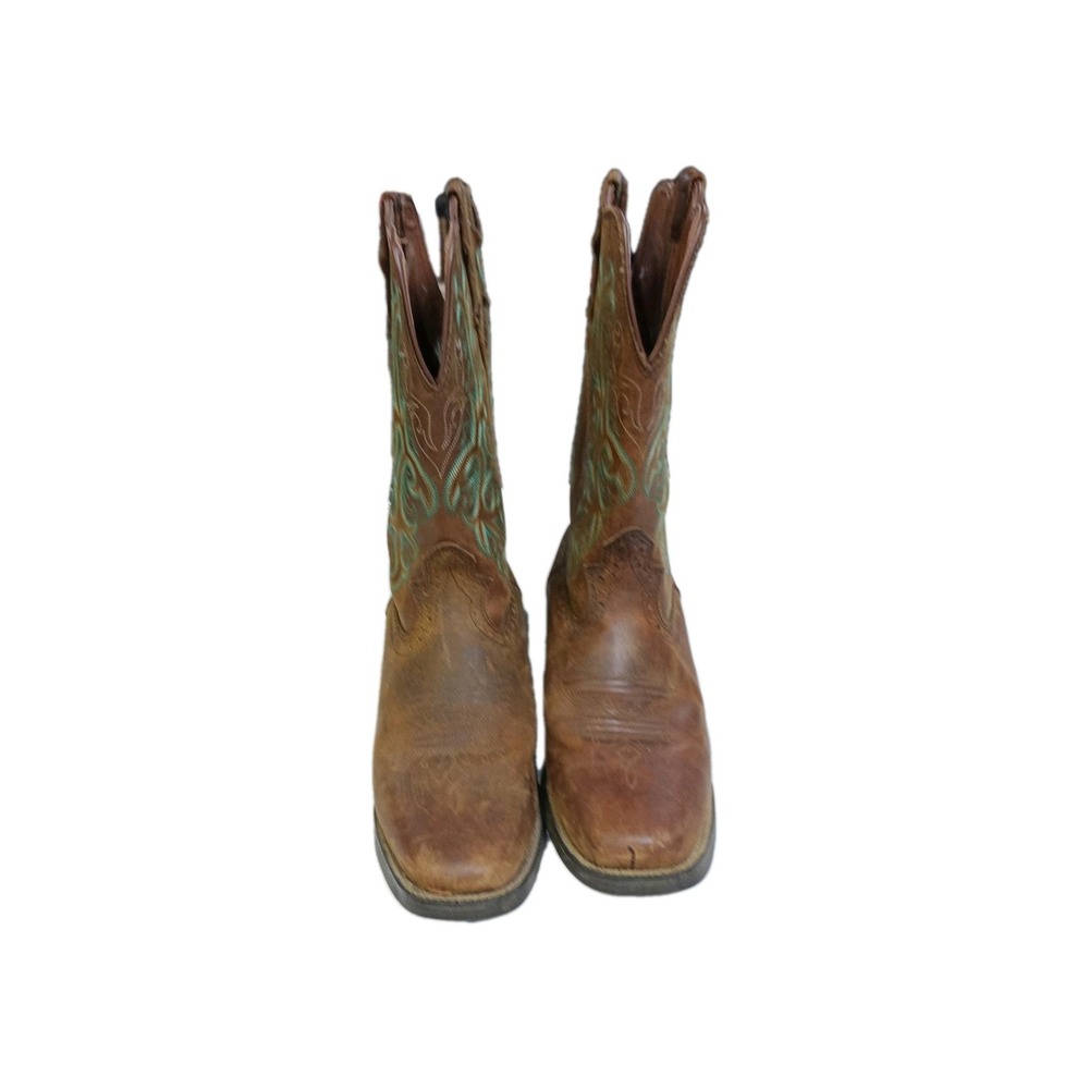 Justin Stampede Women's Square Toe Leather Boots Size 10 Brown W/Teal Stitching
